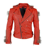 Gorgeous Steampunk Jacket, Orange Motorbike Punk Jacket, Men's Cow Skin Real Leather Gothic Jacket, Long Spiked Heavy Metal Studs Jacket,
